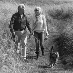 Senior couple walking with dog in the countryside